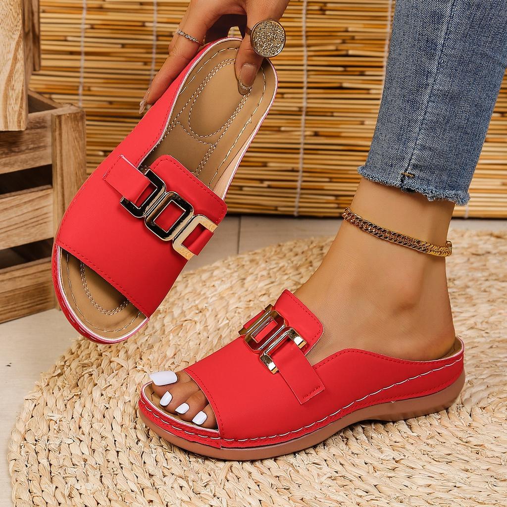 Women's Plus Size Wedge Thick Sole Slippers, Summer New European Style Buckle Open Toe Casual Beach Slides