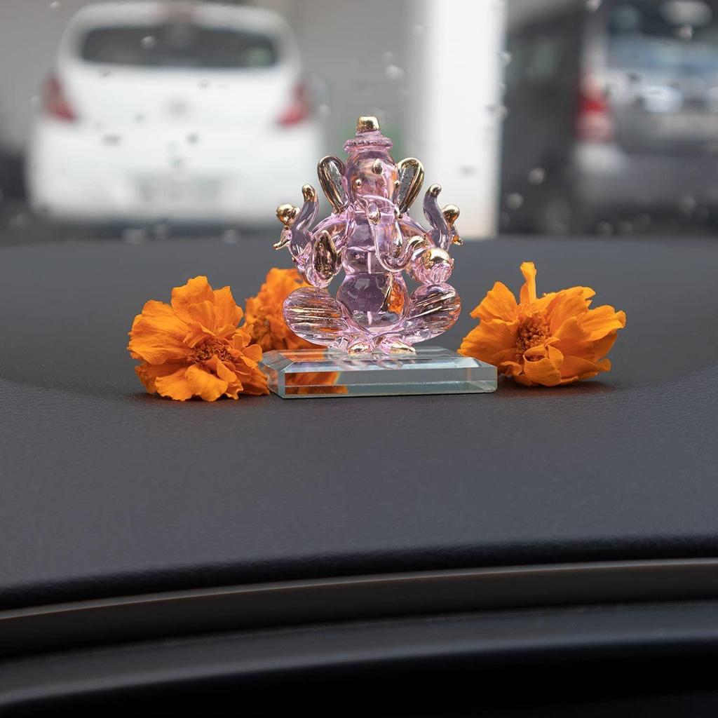 God Ganesh Sitting with Base Statue (Murti) Idol Showpiece Handmade of Crystal Glass by for Worship, Decoration, Car Dashboard, Gift (Clear), Small