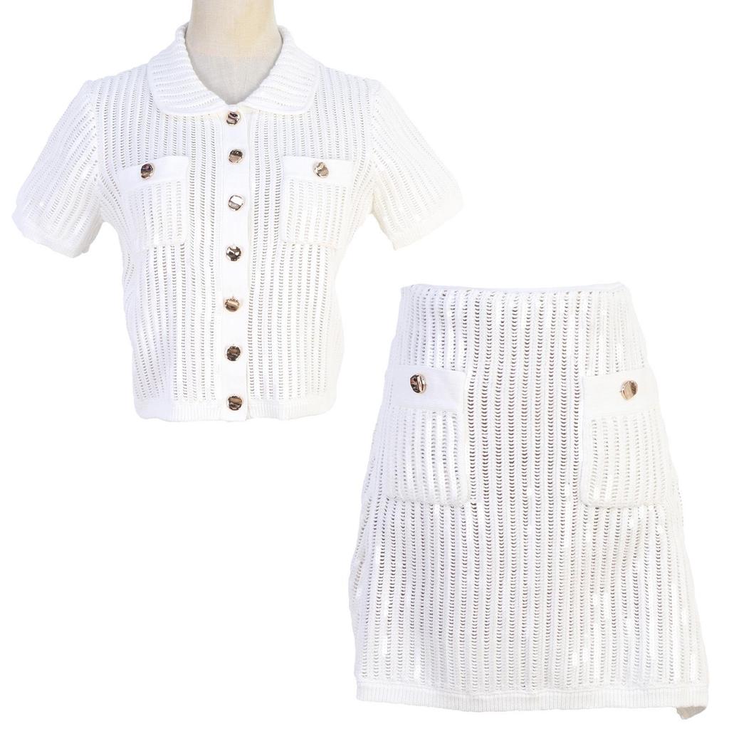 Women's French Sequin Lapel Cardigan & A-line Skirt Set with Metal Buckle and Hollowed Short Sleeves