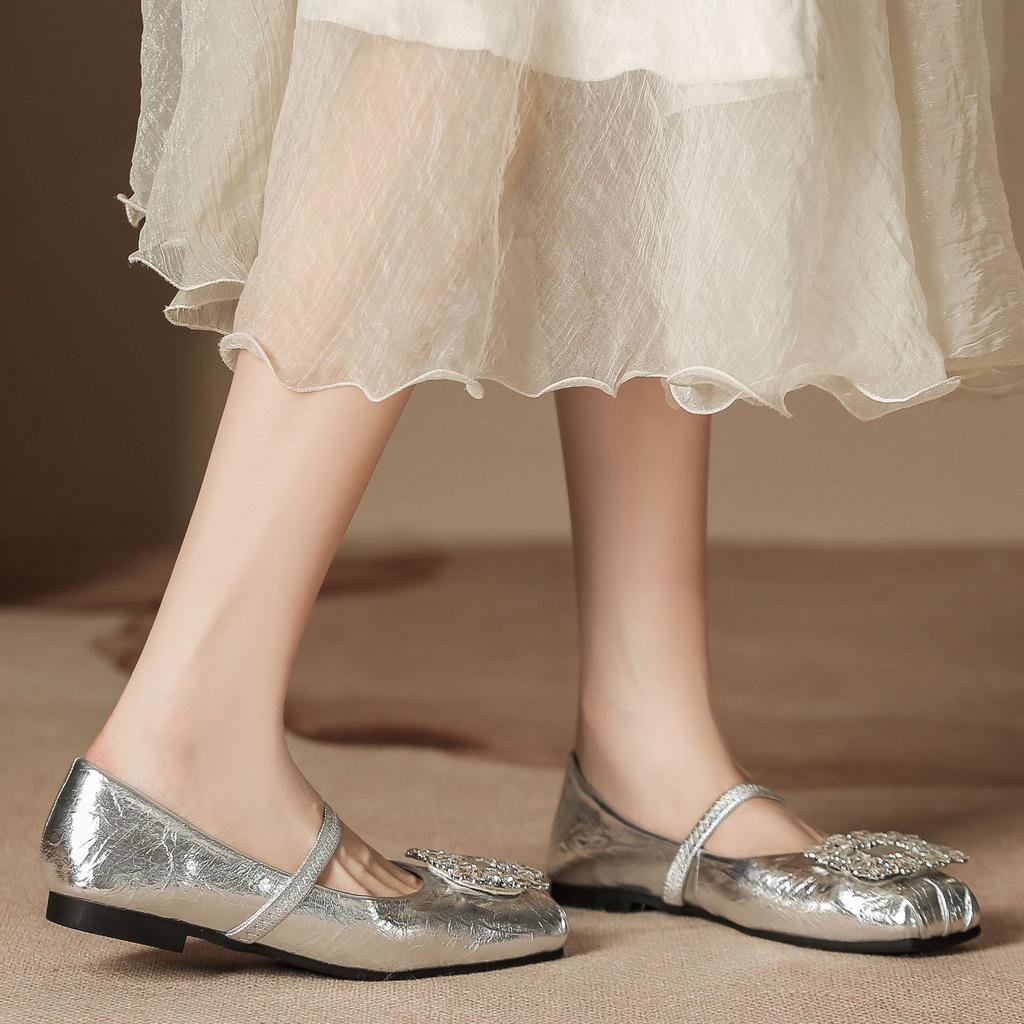 H83-3 silver casual women's shoes soft sole with large rhinestone square head shoes children's Internet celebrity ballet shoes Doudou shoes