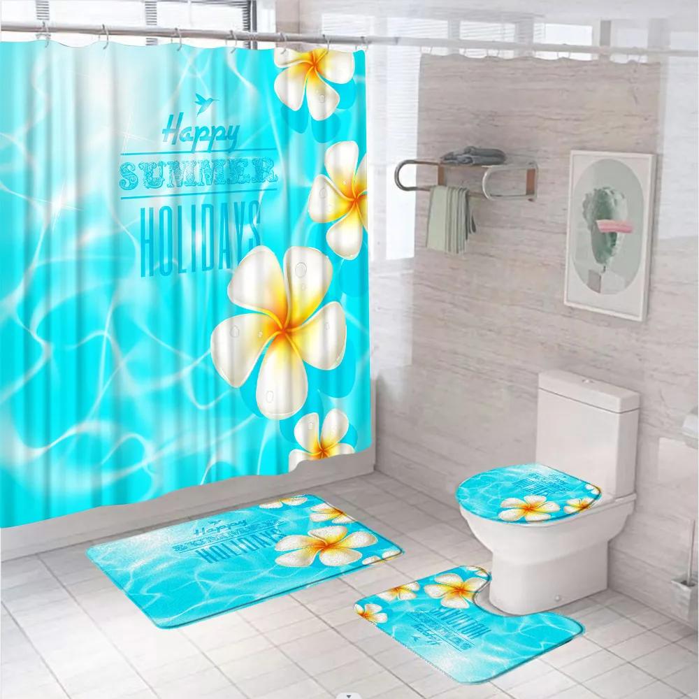 Green Gold Leaves Shower Curtain Set Summer Tropical Plant Bath Screen Bathroom Mat Non Slip U-Shape Rug Carpet Lid Toilet Cover