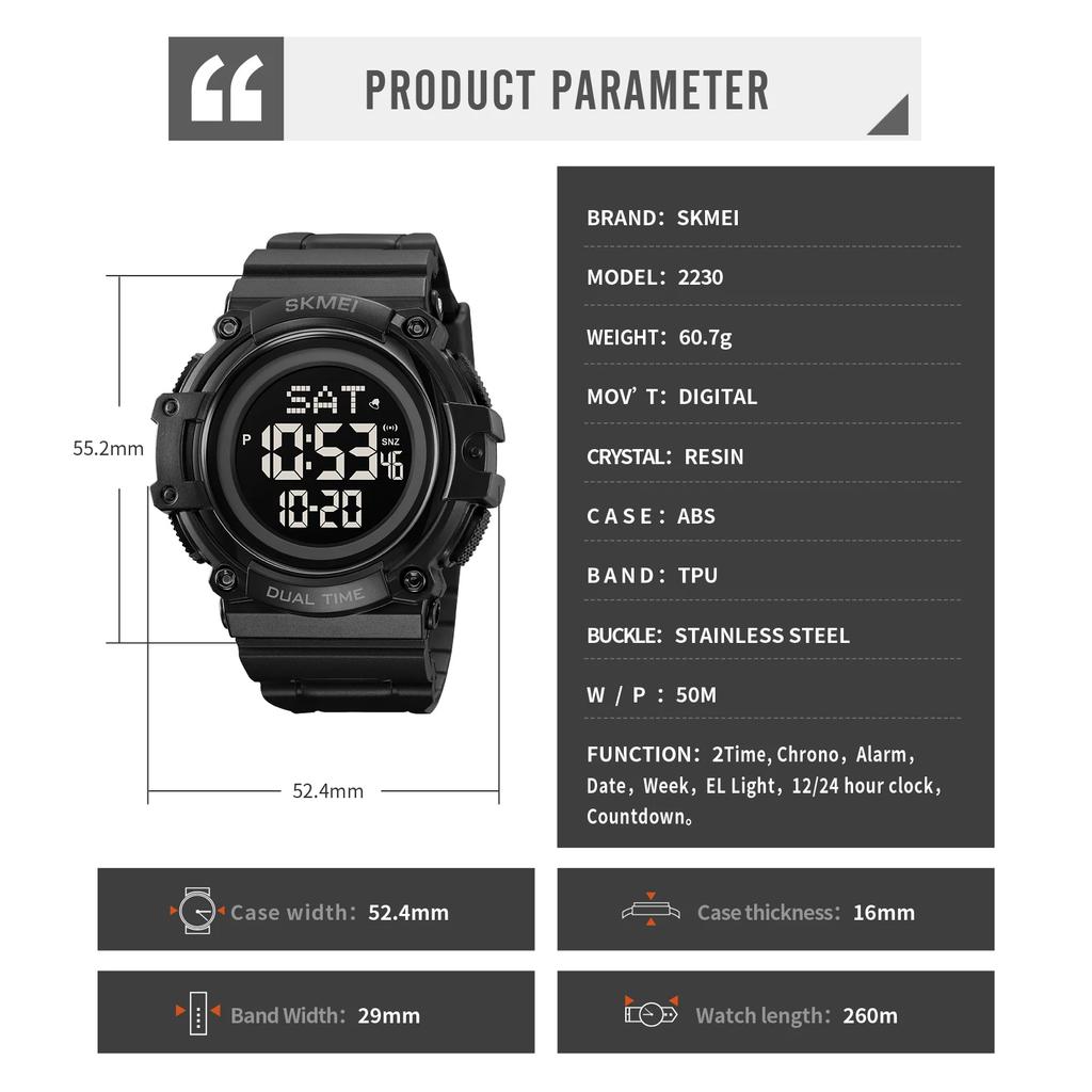 SKMEI Men's Outdoor Student Sports Electronic Waterproof Night Light Electronic LED Watch 2230