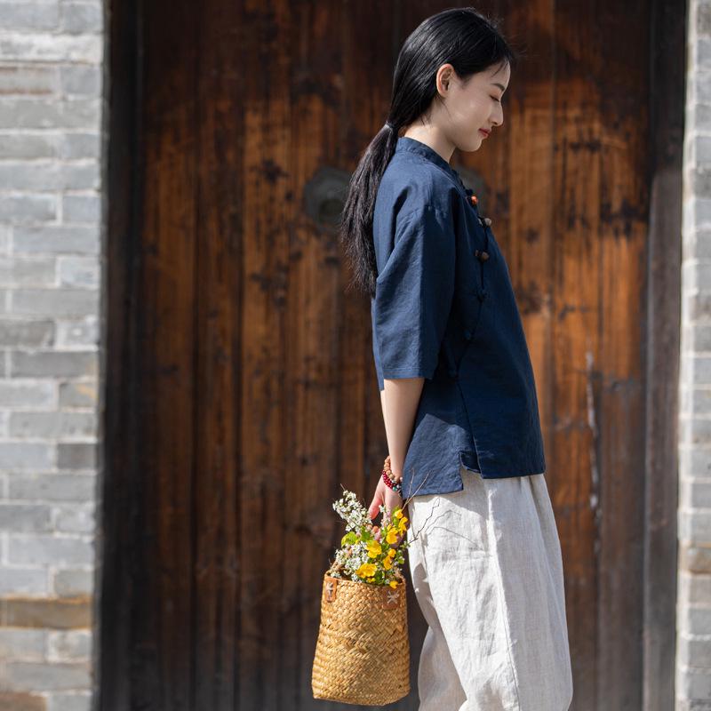 Spring 2026 Women's Zen Tea Ceremony Shirt: Chinese Style, Stand Collar, Color Blocked Cotton Linen