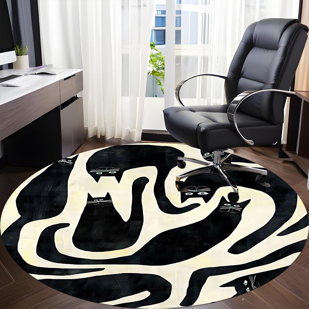 1pc Black Cats Office Round Area Rug, Indoor Mat Suitable For Office, Under Office Chairs Bedroom Living Room Home Decor, Room Deco, 093