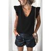 Women European Casual Solid V Neck Sleeveless Ruffle Pullover T Shirt Top
