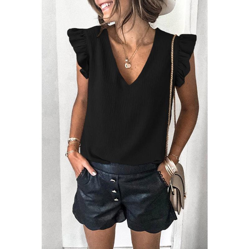 Women European Casual Solid V Neck Sleeveless Ruffle Pullover T Shirt Top