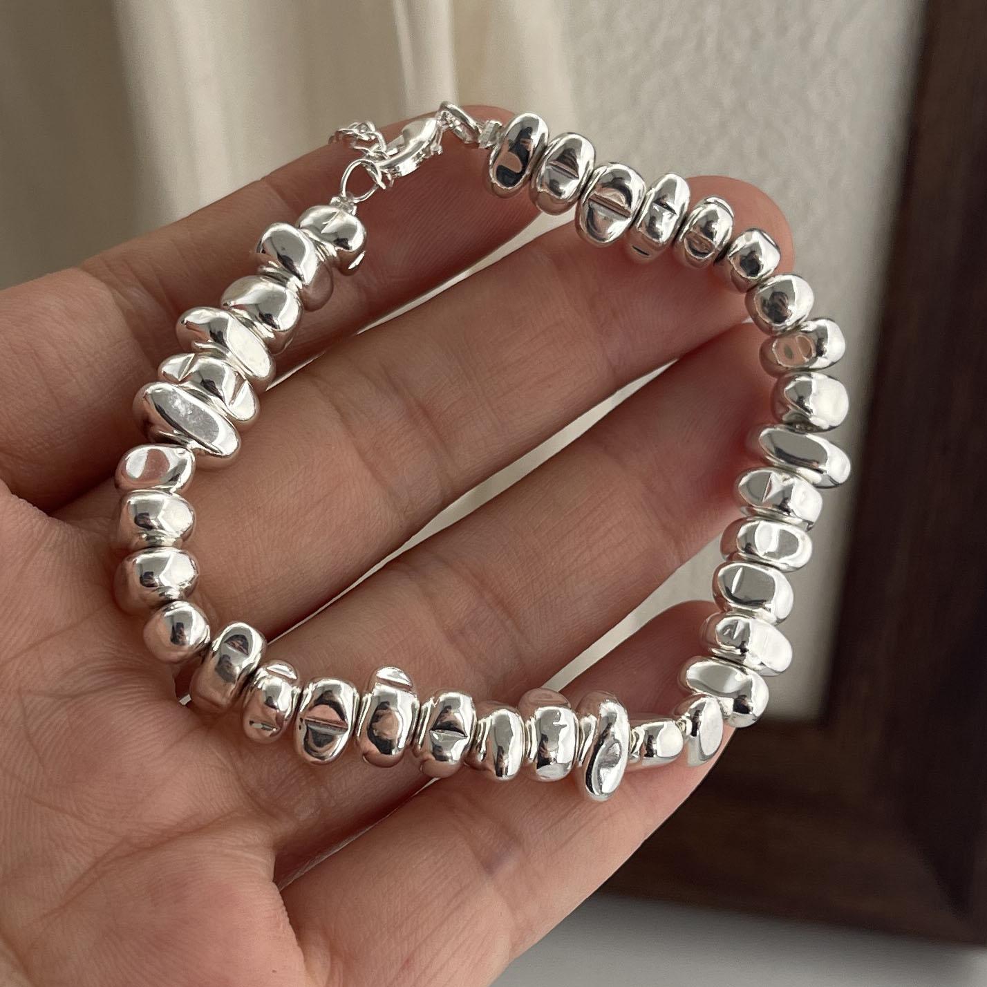

100% Solid 925 Sterling Silver Retro Bracelet for Women Men Vintage Handmade Stone Beads Patern Bracelet Birthday Gift
