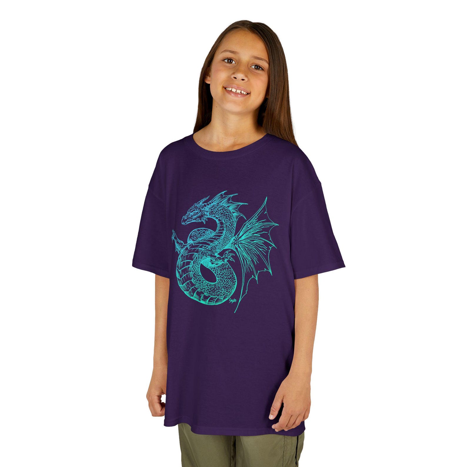 Kids Teal Sea Dragon Tee | Fantasy Serpent Graphic T-Shirt Leviathan Jörmungandr Ryujin Watatsumi Knucker DnD Dungeons 2XL