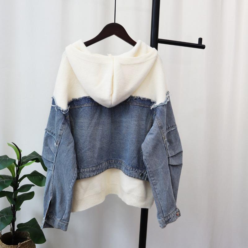 Autumn and winter new splicing denim knitted cardigan women's hooded loose sweater jacket temperament commuting