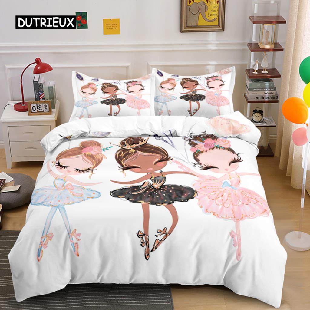 Ballerina Girls Duvet Cover King Size Princess Comforter Microfiber Dancing with Swans Pattern Quilt Cover Set