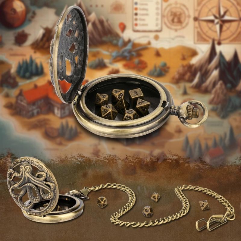 Portable and Stylish Pocket Watch Set Polyhedral Dices Set with Pocket Watch Case Pocket Watch Case Pendant