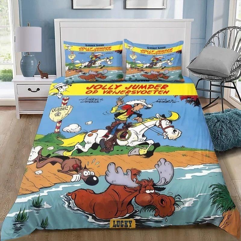 Ensemble de literie de dessin animé Lucky Luke Cowboy Housse de couette Taie d'oreiller Ensemble 2/3 pièces Enfants Garçon Fille Étudiant Dortoir Cadeau taille réelle 140x200cm (2pcs)