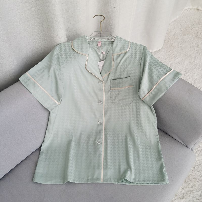 2023 Summer New Arrival Cool Short Sleeve Shorts Plaid Silk Jacquard Houndstooth Pajamas Pure Color Thin Two-Piece Suit
