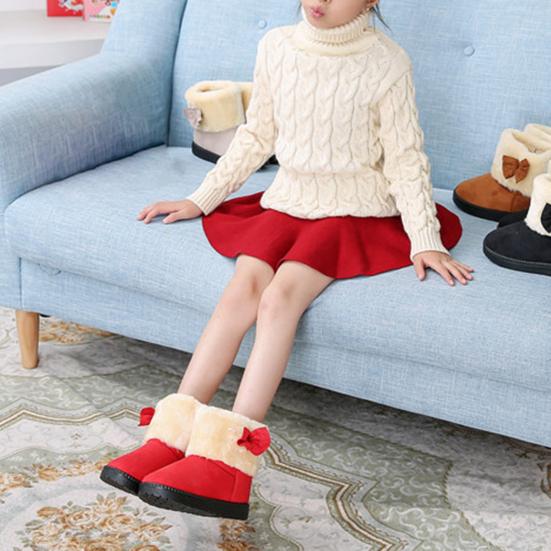 Girls Cute Bowknot Solid Color Winter Warm Snow Ankle Boots Slip On Flat Shoes