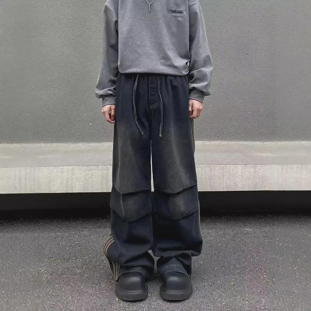 Sonbahar/Kış Çizgili Pileli Bol Günlük Pantolon: Retro Amerikan Sokak Stili Kot Pantolon