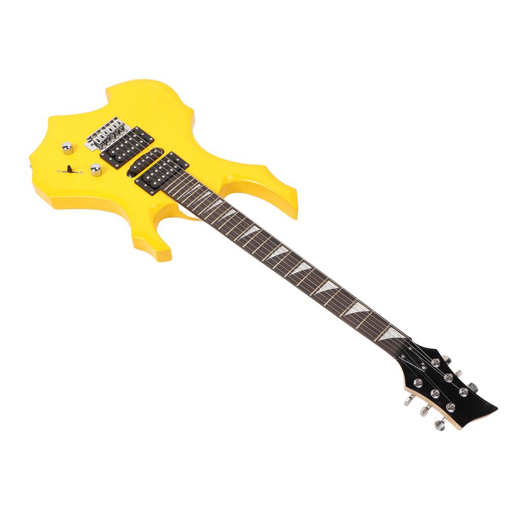 Electric Guitar 24 Fret Yellow Flame Shaped Electric Guitar Beginner Kit with Picks Strings Handle