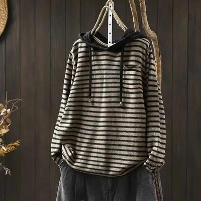 Sweater for Women Autumn Winter Thickened Pullover Warm Knitted Striped Hooded Stretchy Long Sleeve Oversize Jumper Tops