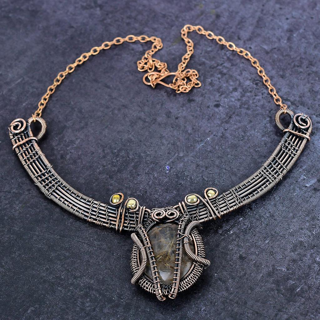 Golden Rutile Gemstone Handmade Copper Wire Wrap Jewelry Necklace 18" ET-4946