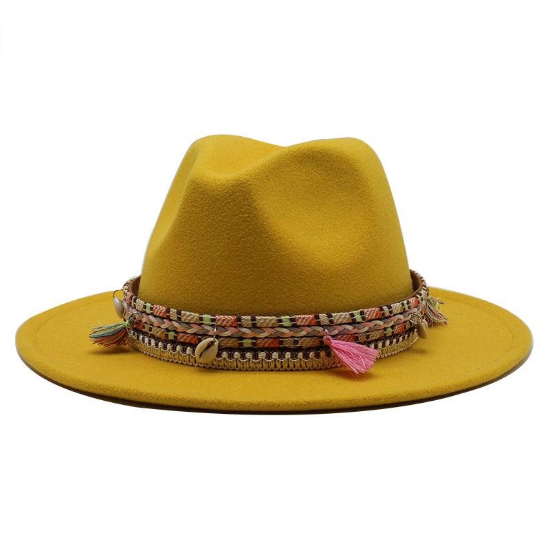 Woolen Top Hat, Fringed Minority Style Jazz Hat, Retro Flat-Brimmed Big Eaves Hat.