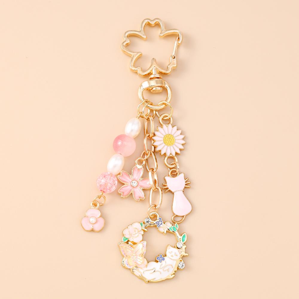 Cute Enamel Flower Butterfly Keychain Women Girls Beads Pearl Key Ring Pendants for Handbag Decor DIY Handmade Jewelry Gifts