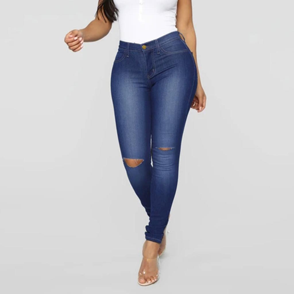 Womens Hole Button Zipper Pocket Jeans Casual Denim Flares Wide Leg Slim Pants