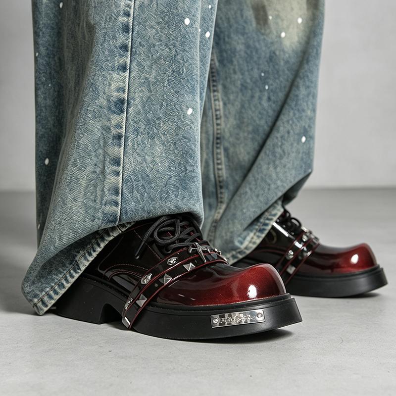 Men Punk Loafers Dress Boots Elevator Shoes Black Red Round Toe Big Head Leather Shoes Thick Sole Platform Shoes Plus Size