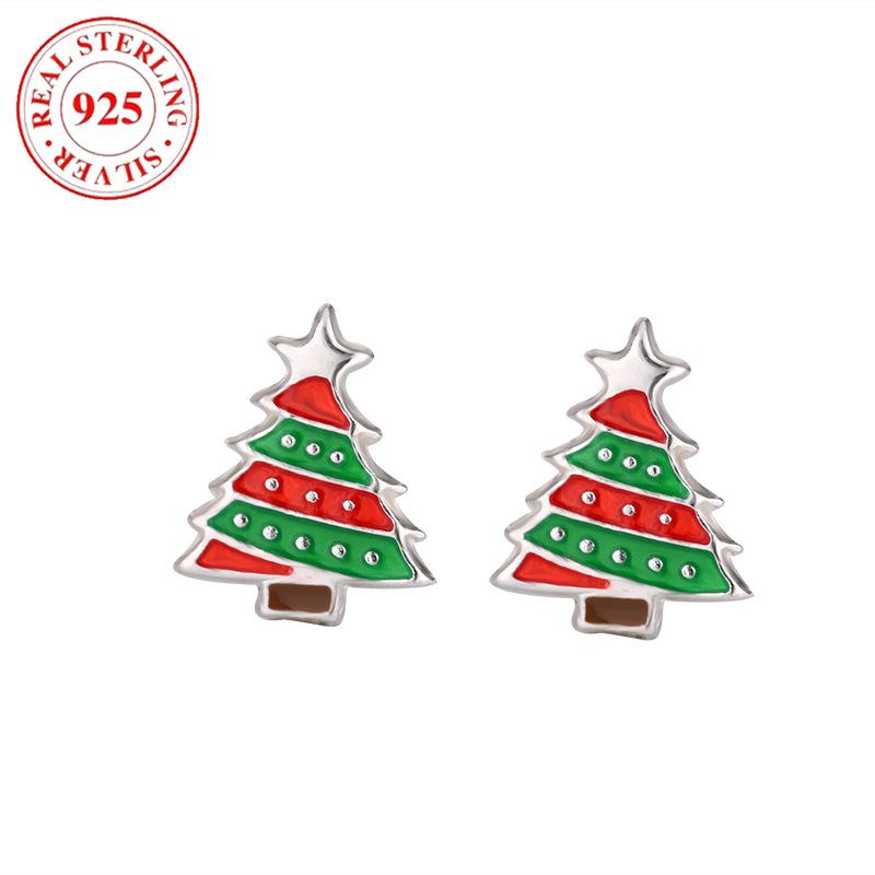 S925 Sterling Silver Christmas Tree Epoxy Stud Earrings for Women