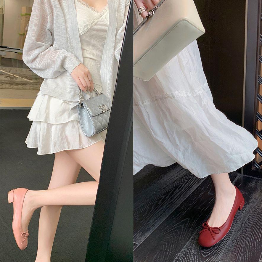 Grape Mother Studiolee Round Head Light Mouth Bow Solid Color Sheepskin High Heels Thick Heel Ballet Single Shoes Women