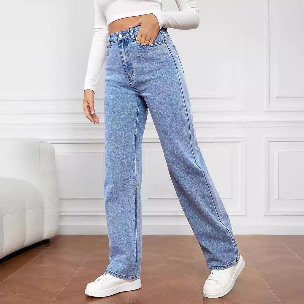 2025 Women's European & American Style Washed Denim Loose Straight-Leg Jeans for Autumn/Winter