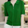 Ice Silk Polo Neck T-shirt Short Sleeve New Fashionable Fashionable Shoulder Zipper Belly-covering Short Lapel Top
