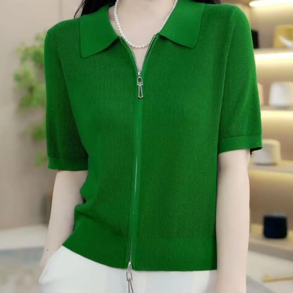 Ice Silk Polo Neck T-shirt Short Sleeve New Fashionable Fashionable Shoulder Zipper Belly-covering Short Lapel Top