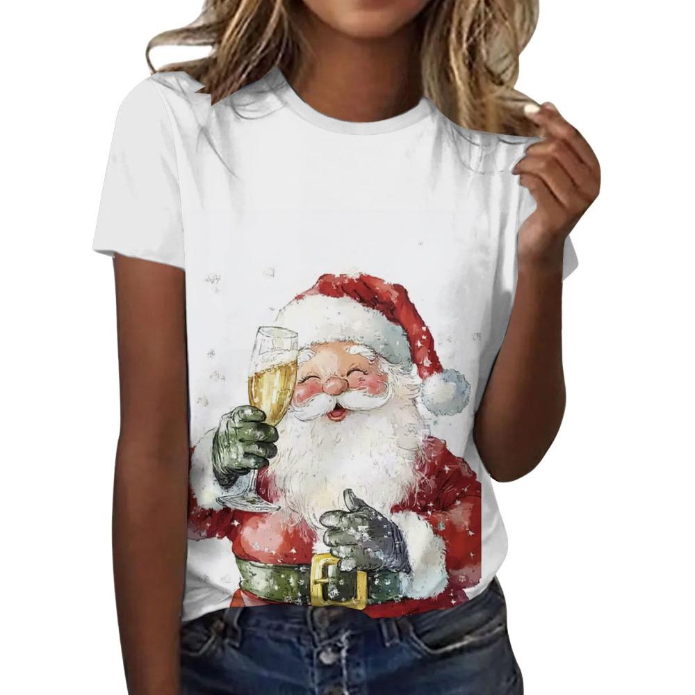 Short sleeved T-shirt for women with Christmas tree print round neck