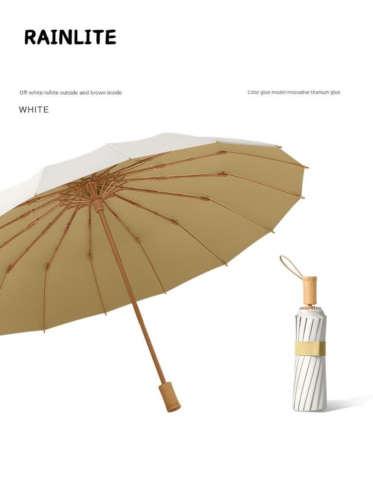 Rainlite16 Bone Color Glue Sun Umbrella Three Fold Small Fresh Wooden Handle Umbrella Girl Solid Folding Umbrella Sunshade Umbrella