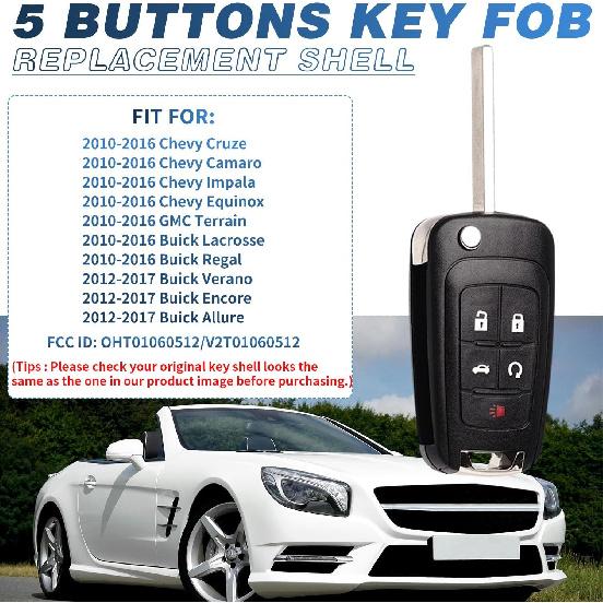 5 Button Key Fob Shell Replacement for Chevy Cruze Camaro Impala Equinox GMC Terrain Buick Regal Lacrosse 2017 2016 2015 2014 2013 2012 2011 2010