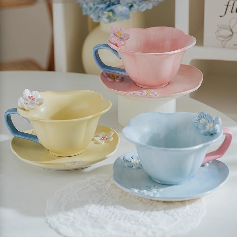Embossed Petals Ceramic Coffee Cup Saucer Home Breakfast Bread Milk Cup Modern Afternoon Tea Exquisite Tea Cup Office Mug Home