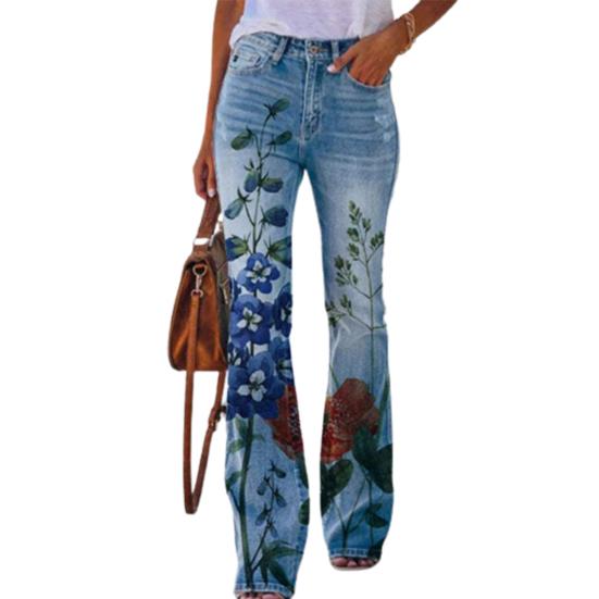 

High Waist Button Zipper Fly Pockets Straight Leg Imitation Jeans Blooming Flower 4XL