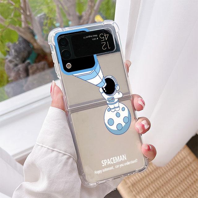 Luksusowe etui na Samsunga Galaxy Z Flip 3 4 5G Funda Z Flip3 Przezroczyste PC Twarde Wstrząsoodporne Tylne Etui na Telefon Uroczy Astronauta Planeta