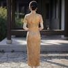 Retro national style golden cheongsam 1 new double-sided forging temperament thin waist daily improvement long dress