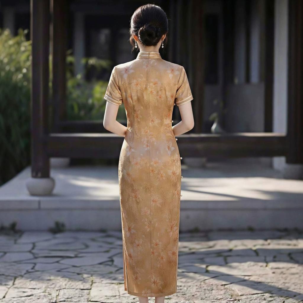 Retro national style golden cheongsam 1 new double-sided forging temperament thin waist daily improvement long dress