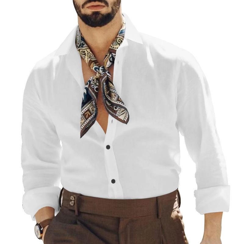 Plus Size Cotton-Linen Blend Spring/Summer New Arrival Men's Casual Collared Solid-Colour Long-Sleeved Shirt