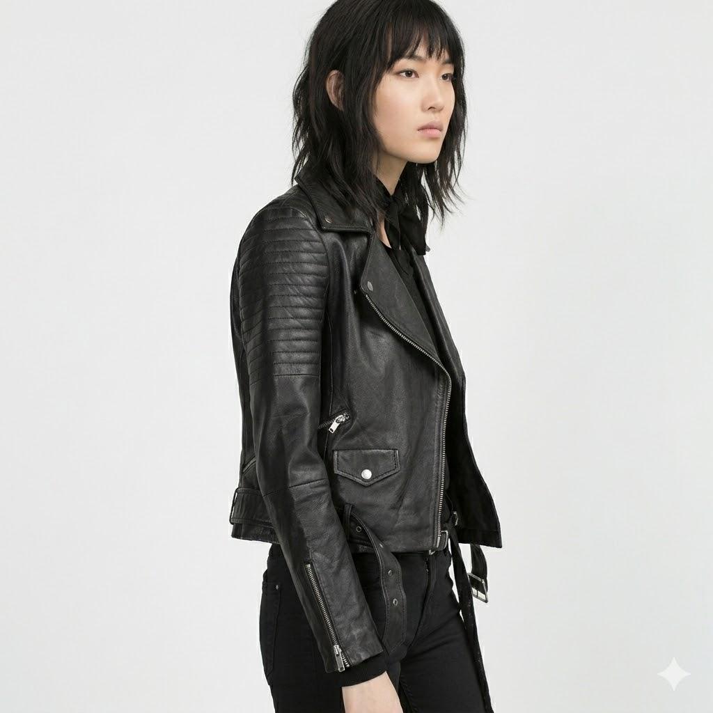 Black Soft Women's Stylish Biker Jacket Real Lambskin Leather Motorcycle Fit
