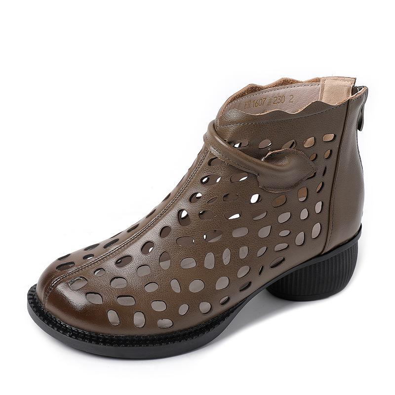 Mode GKTINOO 2025 Sommer Stiefeletten Echtes Leder Schuhe Damen Mittelhohe Absätze Sandalen Reißverschluss hinten Stiefel Ausgeschnitten Atmungsaktiv Mujer Zapatos