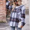 Women's Fashion Plaid Long Sleeved Button Up Hooded Pocket Drawstring Casual Shirt Jacket