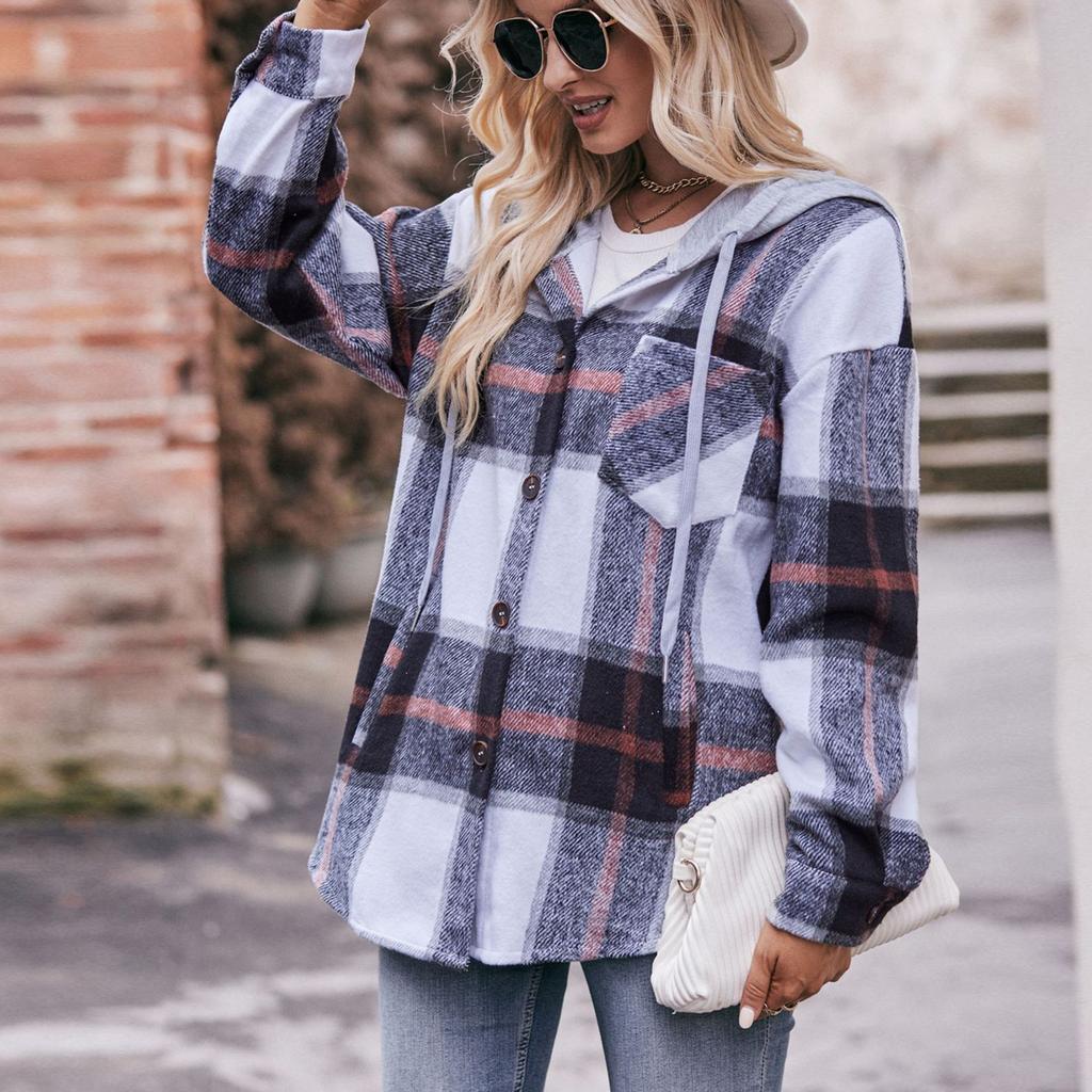 Women's Fashion Plaid Long Sleeved Button Up Hooded Pocket Drawstring Casual Shirt Jacket