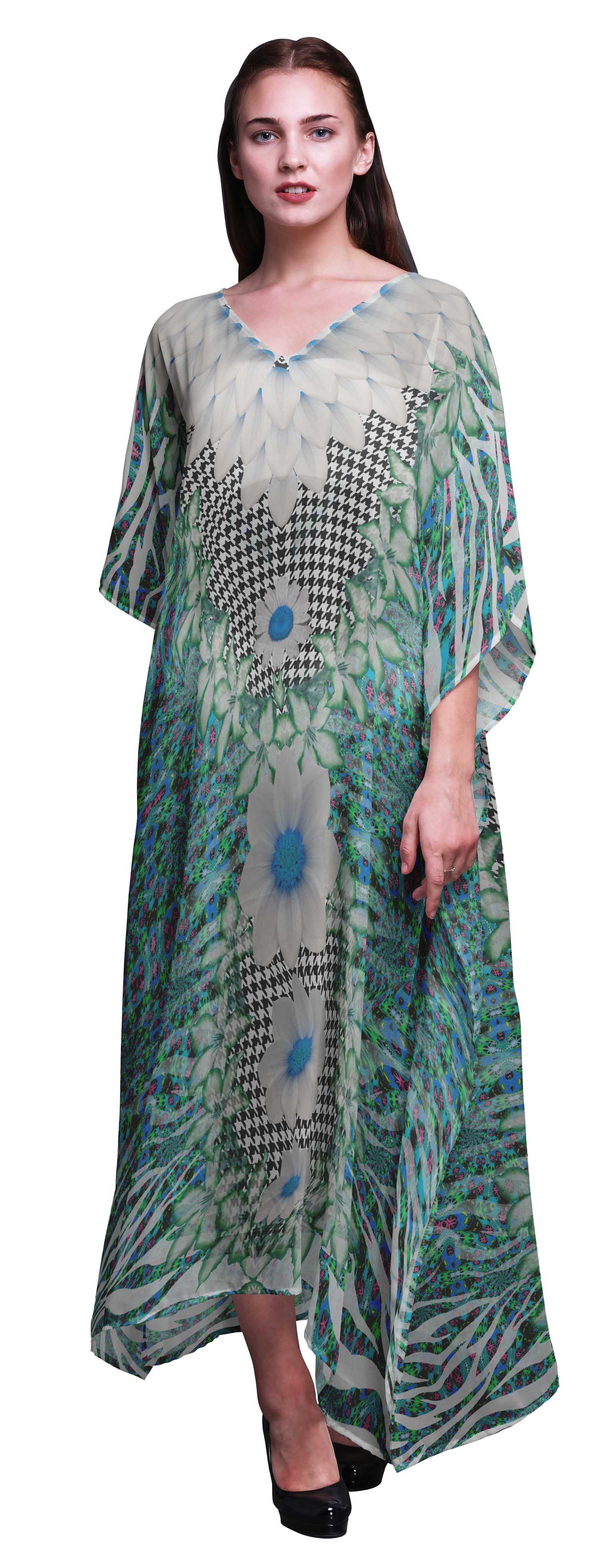 

Phagun Geometric Check|Lily & Floral Ladies Plus Size Kaftan Summer Wear Beach Coverup Kimono XL-3X кольору морської хвилі