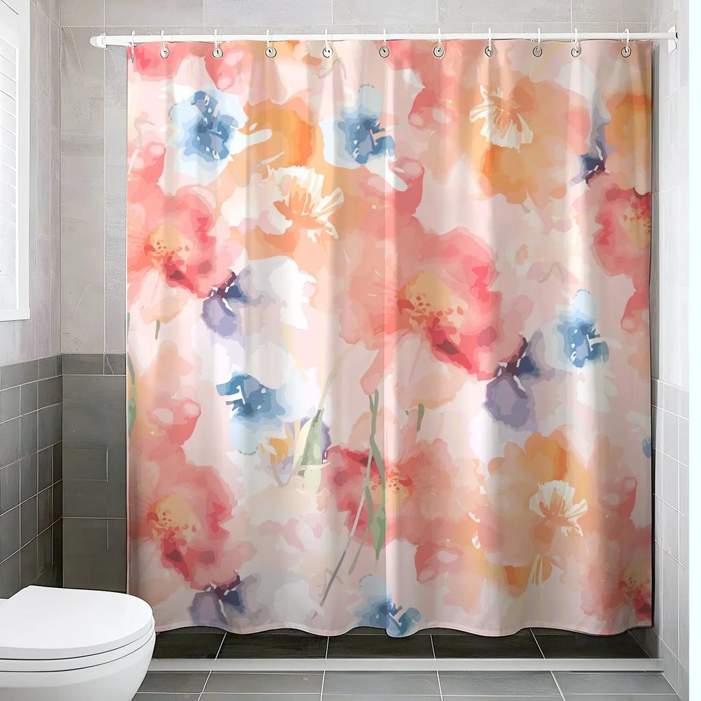 Thickened PEVA Shower Curtain - Artistic Floral Graffiti, Flower Theme Pattern, Includes 12 Hooks, Home & Bathroom Decor