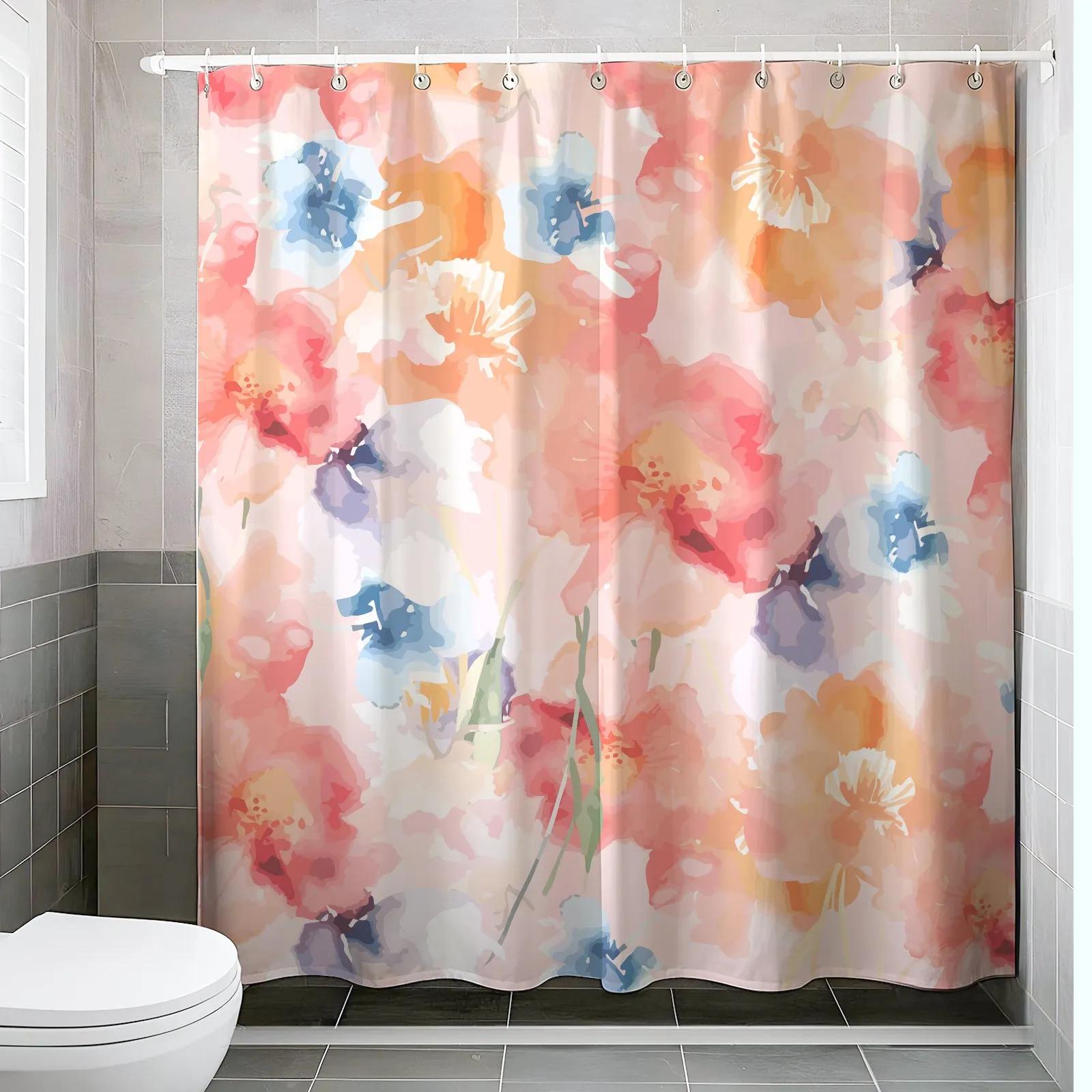 

Thickened PEVA Shower Curtain - Artistic Floral Graffiti, Flower Theme Pattern, Includes 12 Hooks, Home & Bathroom Decor W90xH180cm