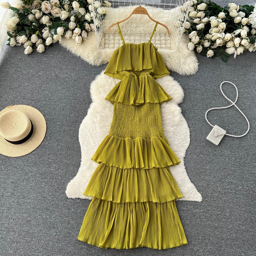 Kvinnor Sommarklänning Söt Chiffong Suspender Temperament Fransk Mildhet Elegant känsla Volang Tårta Feeklänning D3227