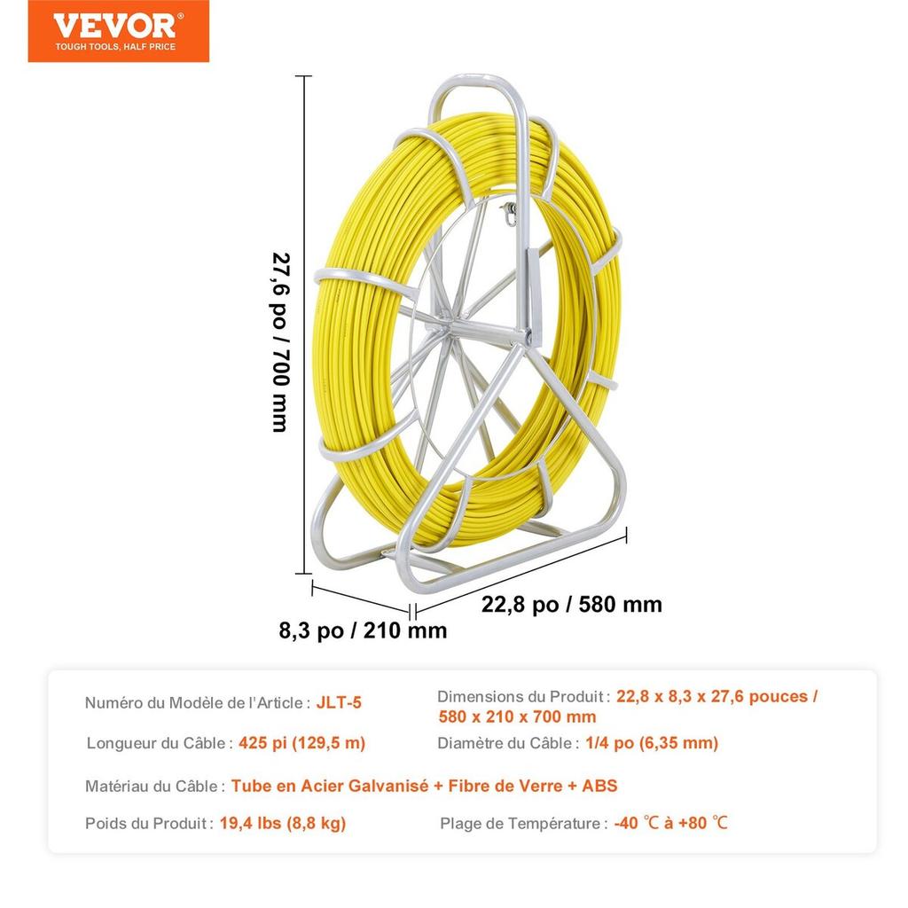 Fish Tape Fiberglass, 425 ft, 1/4 inch, Duct Rodder Fishtape Wire Puller, Cable Running Rod with Steel Reel Stand, 3 Pulling Heads, Fishing Tools for