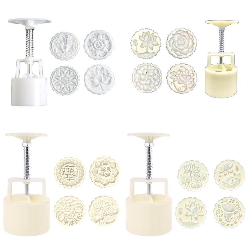 100/125g Mooncake Barrel Mold with 4pcs Stamps Hand Press Moon Cake Pastry Mould DIY Bakeware Mid-autumn Festival